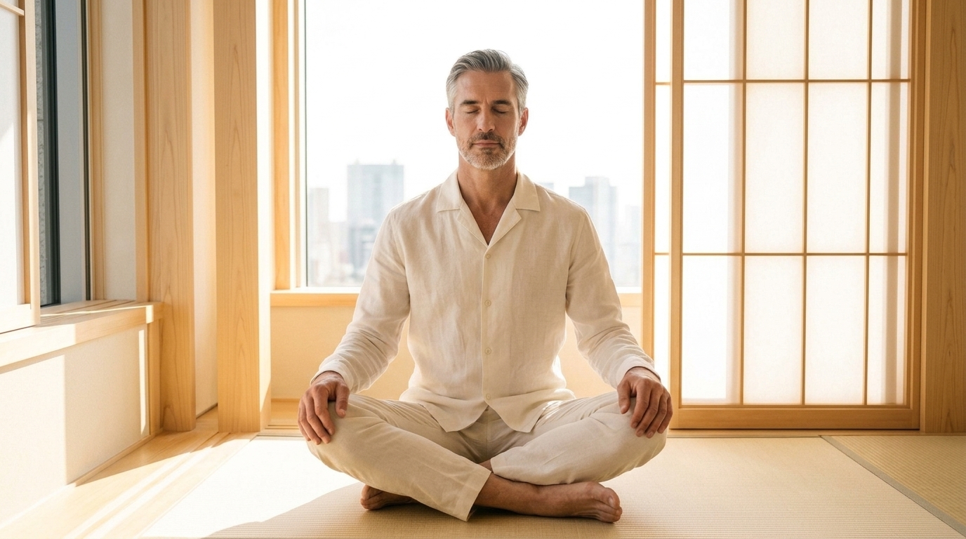 Sunlit Tokyo hotel suite 4:8 vagal breathwork and autonomic recovery